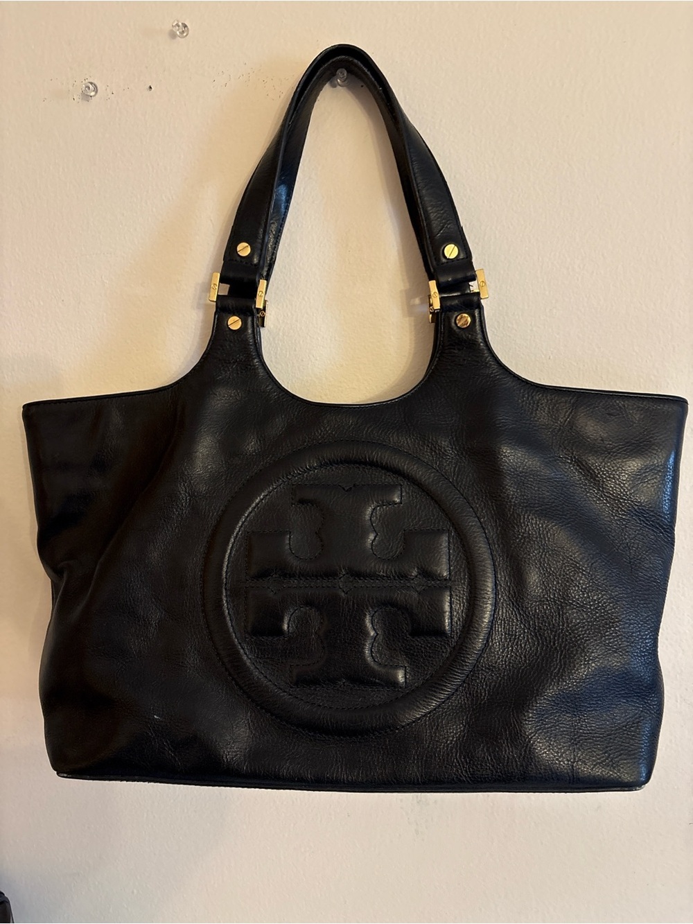 Tory Burch Black Leather Tote with Embossed Logo and Gold-Tone Accents